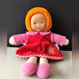 9" Corolle Soft rag Doll Red & Pink velour Dress rubber vinyl face Plush stuffed